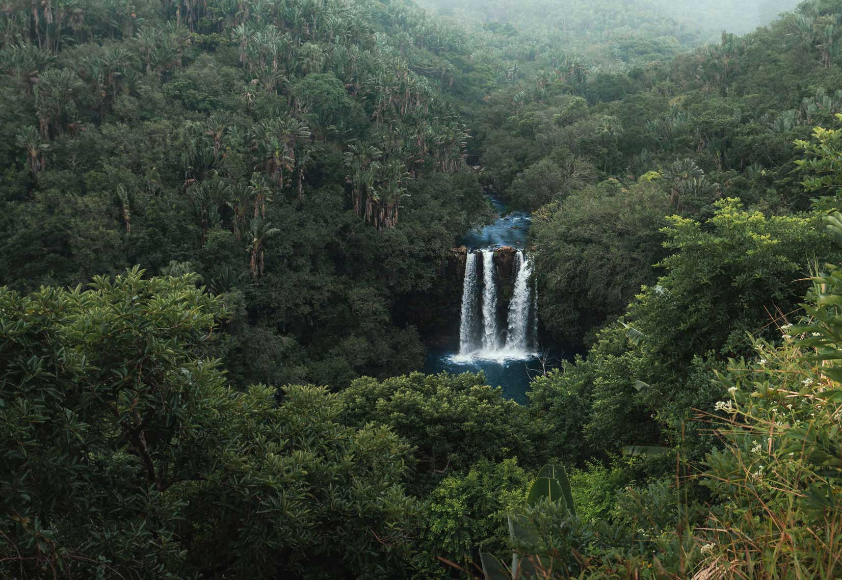 Waterfall dropping into a forest pool at Eau Bleue